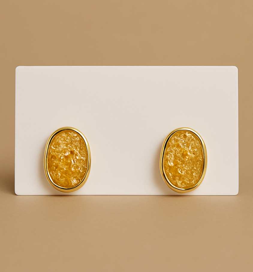 Gold Oval Druzy Style Stud Earrings