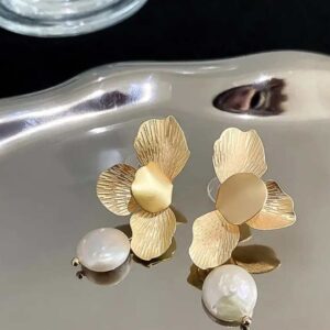 Gold Floral Stud with Baroque Pearl Drops