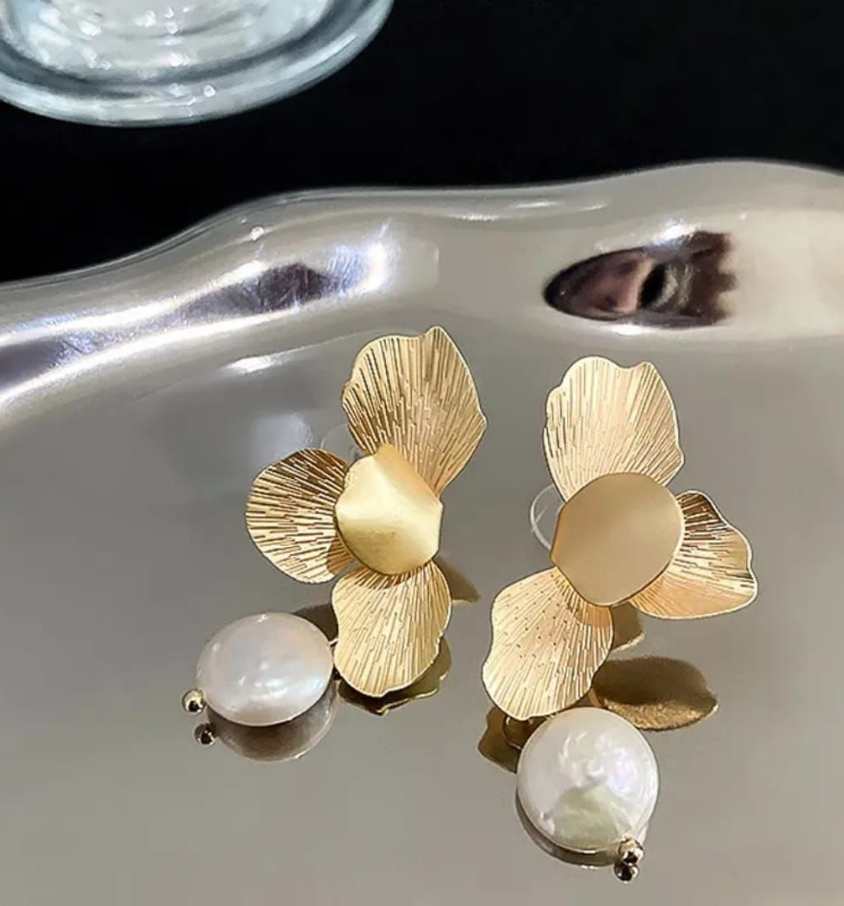 Gold Floral Stud with Baroque Pearl Drops