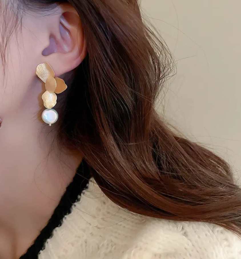 Gold Floral Stud with Baroque Pearl Drops - Image 2