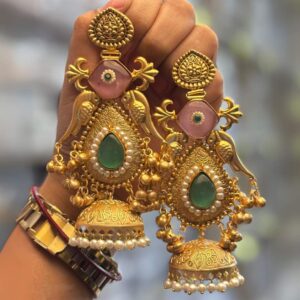 Grand Gold Peacock Jhumkas with Pink & Green Stones