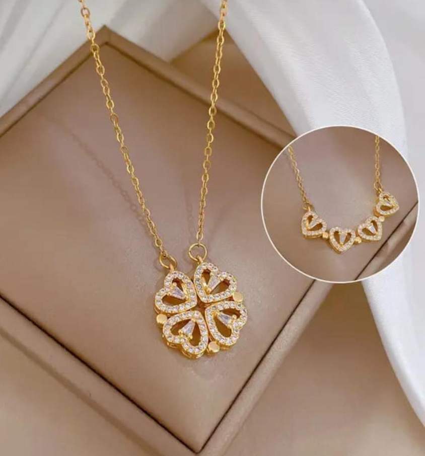 Gold Magnetic Heart Clover Necklace