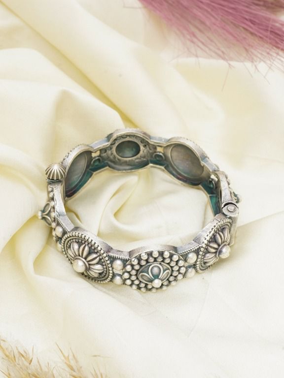 Floral Medallion Oxidized Silver Kada