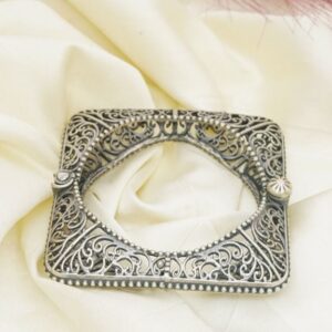 Intricate Filigree Oxidized Silver Square Kada