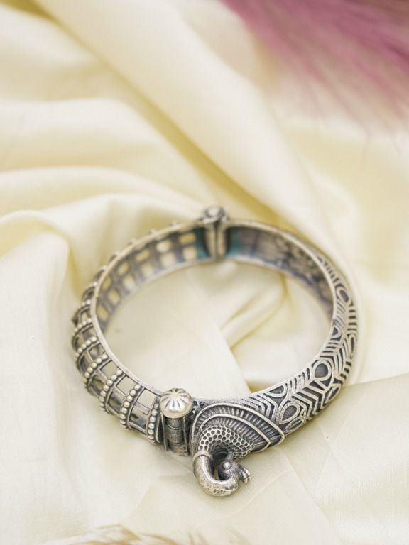 Silver Oxidized Peacock Motif Kada