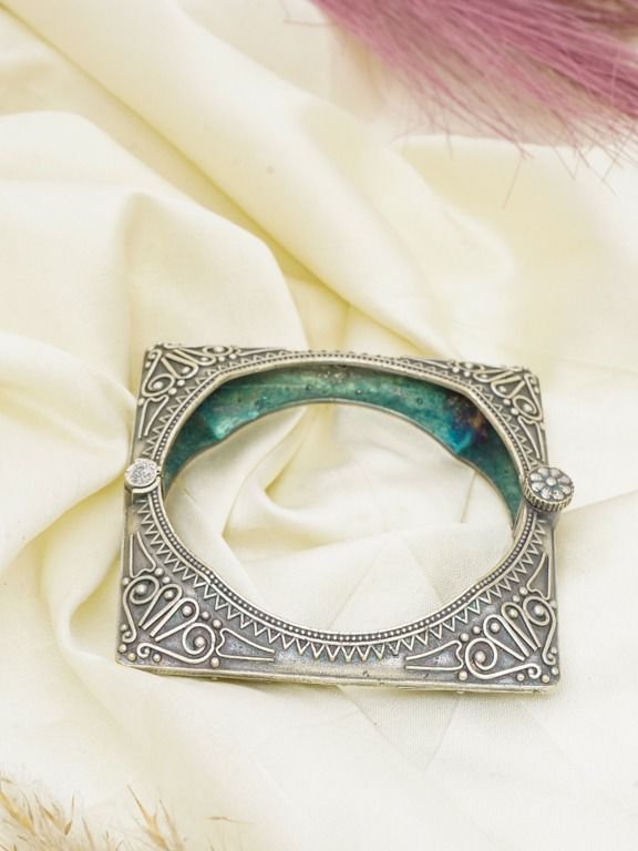 Silver Oxidized Square Kada with Traditional Motifs