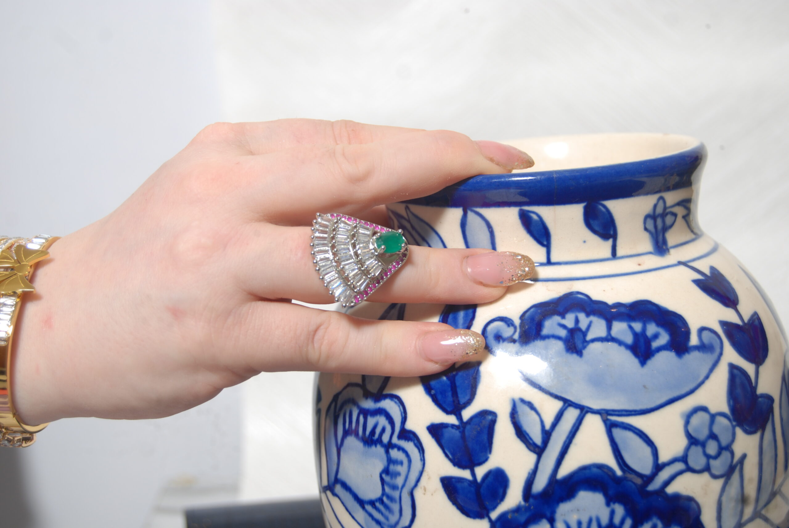 AD Fan Design Ring with Emerald & Rubies - Image 2