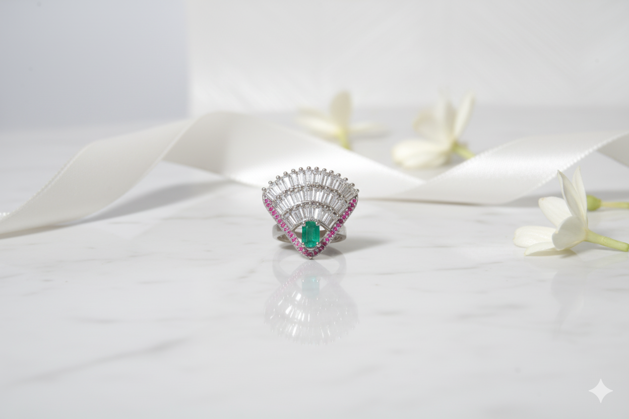 AD Fan Design Ring with Emerald & Rubies - Image 3