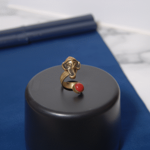 Handcrafted Brass Ganesha Ring with Red Stone