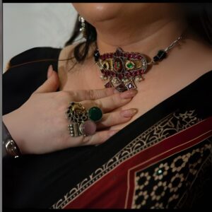 Handcrafted Silver Replica Choker with Red & Green Stones