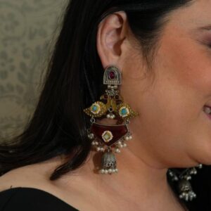 Classy Silver Replica & Brass Earrings with Red Pachi Kundan