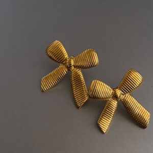 Gold Anti-Tarnish Pleated Bow Statement Earrings