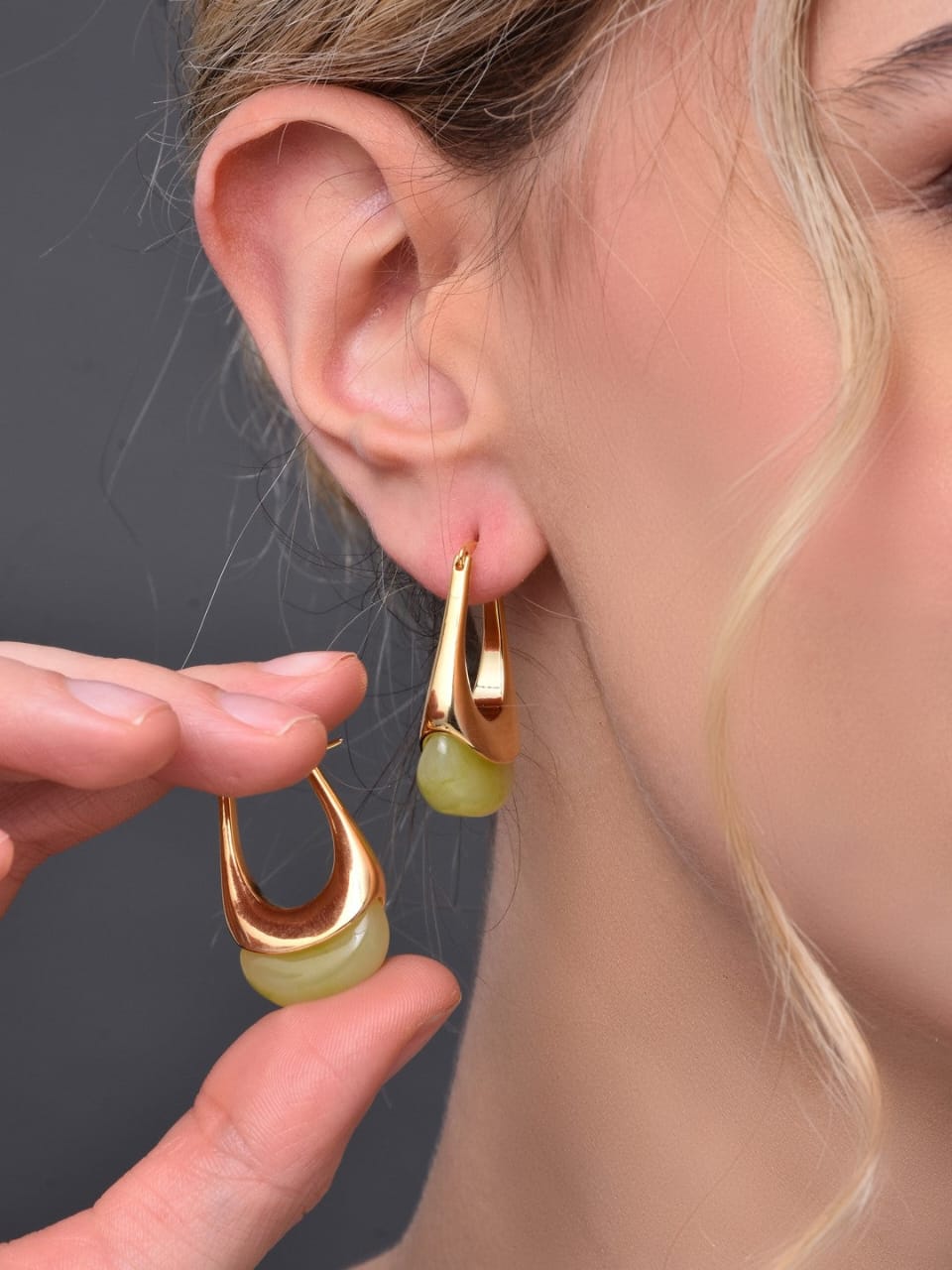 Gold Anti-Tarnish Huggie Hoops with Colored Stone Drops - Image 2