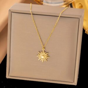 Gold Anti-Tarnish Sunburst Pendant Necklace