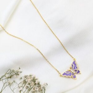 Gold Anti-Tarnish Purple Enamel Butterfly Necklace