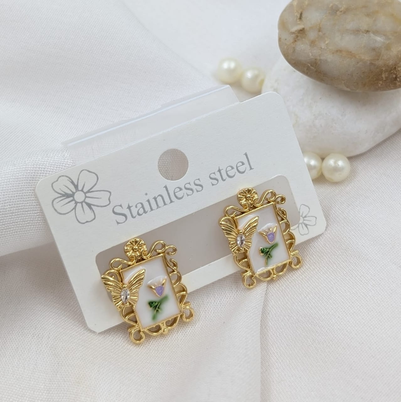 Enamel Butterfly Frame Stud Earrings - Image 2