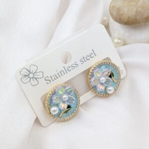 Blue Enamel Flower Stud Earrings