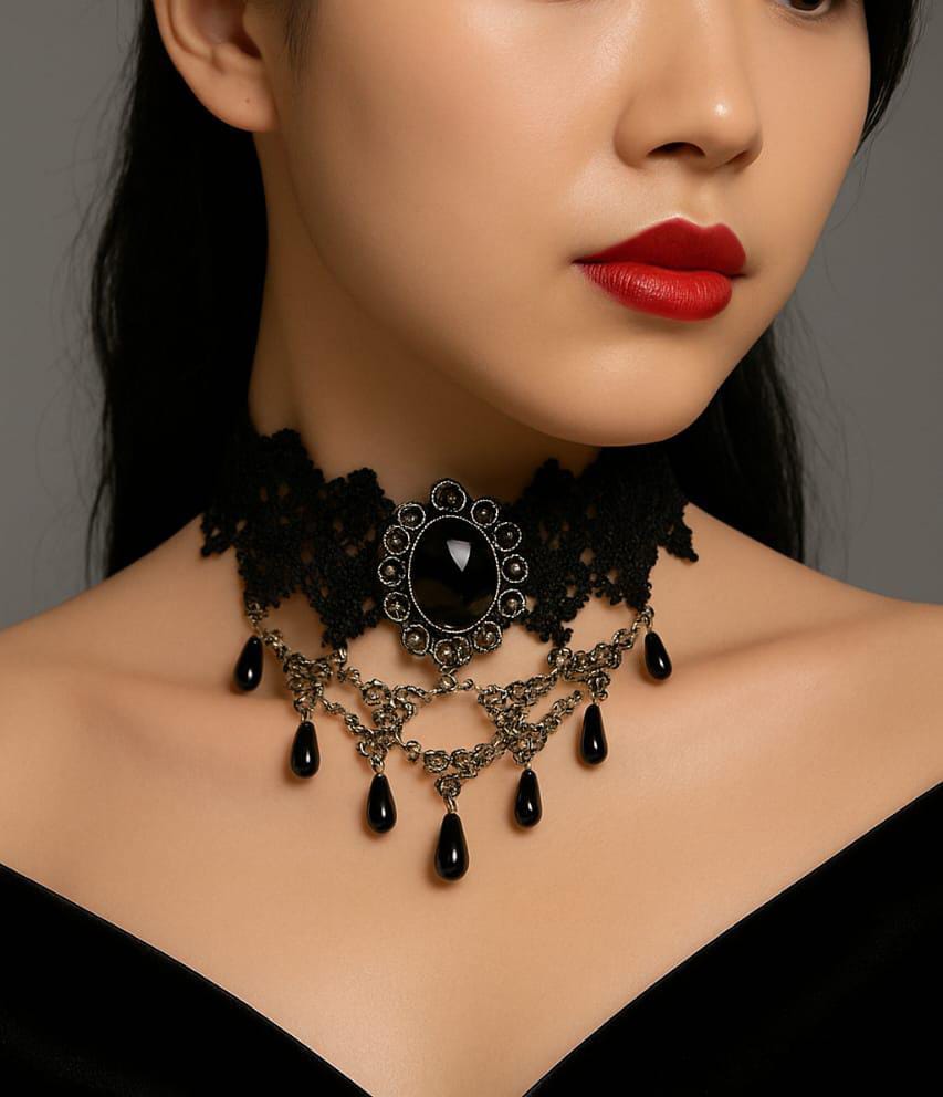 Gothic Black Lace and Gem Statement Choker - Image 3