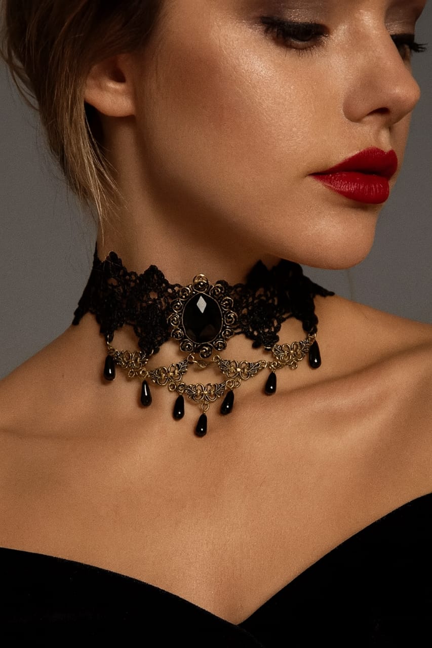 Gothic Black Lace and Gem Statement Choker - Image 2