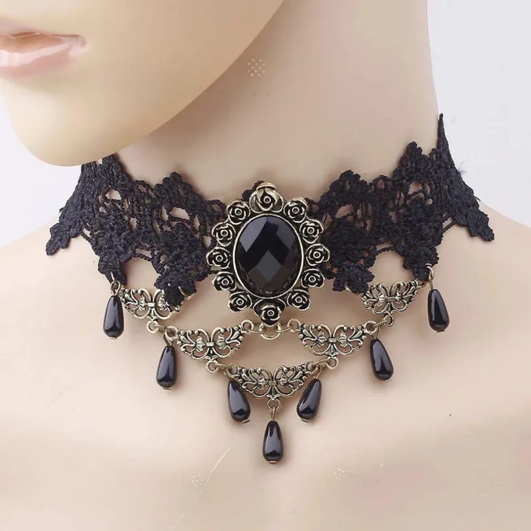 Gothic Black Lace and Gem Statement Choker