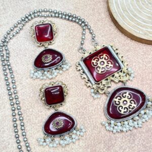 Dual-Tone Monalisa Stone Long Pendant Necklace & Earring Set
