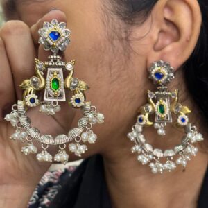 Dual-Tone Oxidized Peacock Chandbali Earrings with Pearls