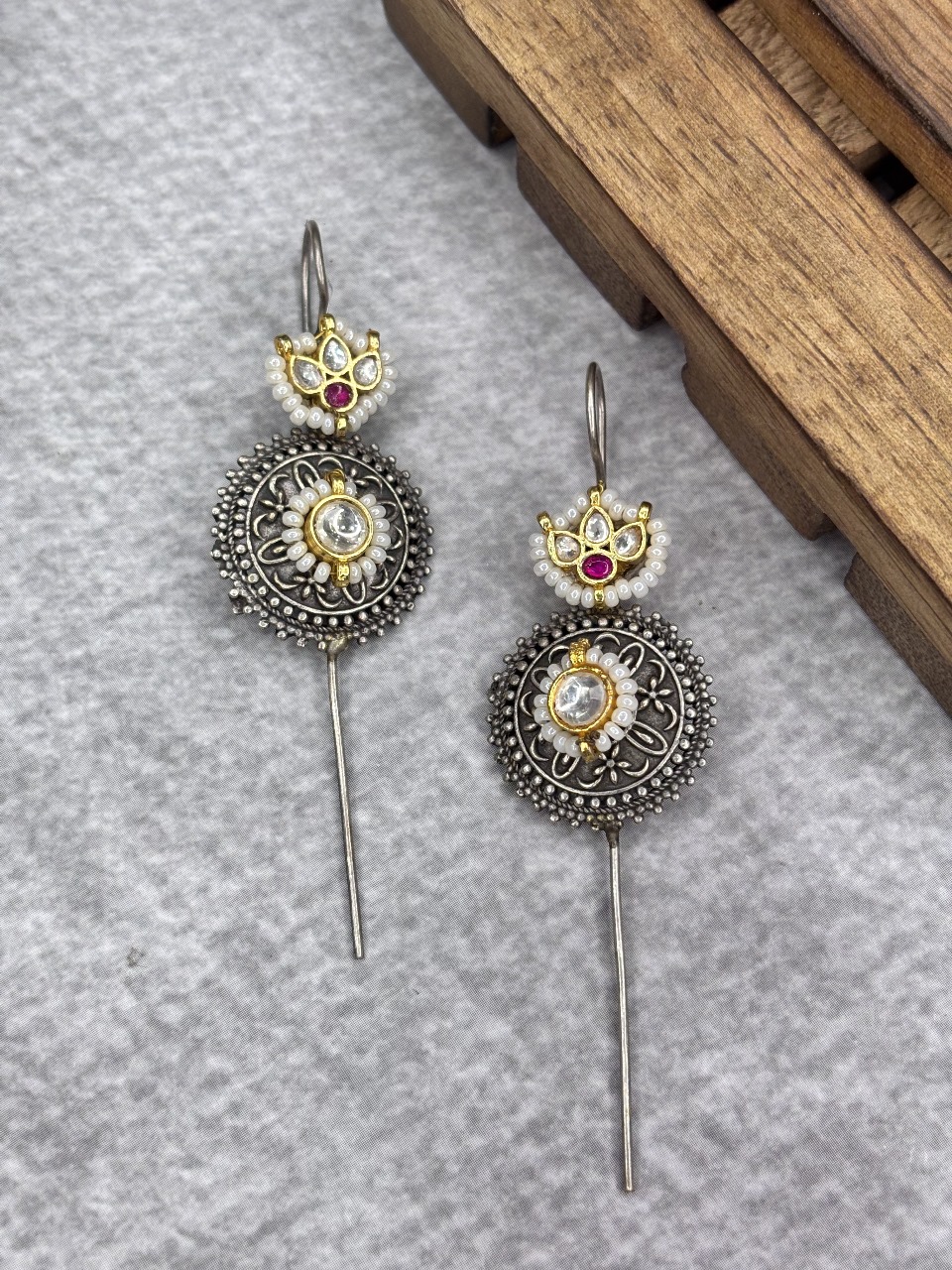 Traditional Silver Replica Pachi Kundan Ear-Pin Earrings
