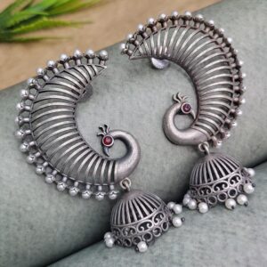Oxidized Silver Replica Peacock Jhumki Earrings