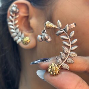 Dual-Tone Oxidized Leaf Ear Cuff with Ghungroo Drop