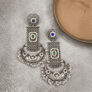 Dual-Tone Kundan Chandbali Long Drop Earrings