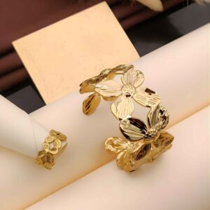 Sculptural Gold Flower Cuff Bracelet & Ring Combo