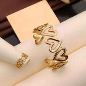 Sculptural Gold Open Heart Cuff Bracelet & Ring Combo