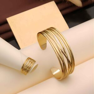 Gold Textured Multi-Band Cuff Bracelet & Ring Combo