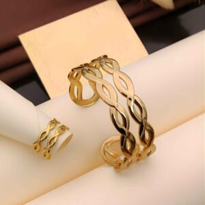 Sculptural Gold Intertwined Cuff Bracelet & Ring Combo