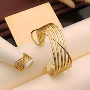 Sculptural Gold Multi-Strap Cuff Bracelet & Ring Combo