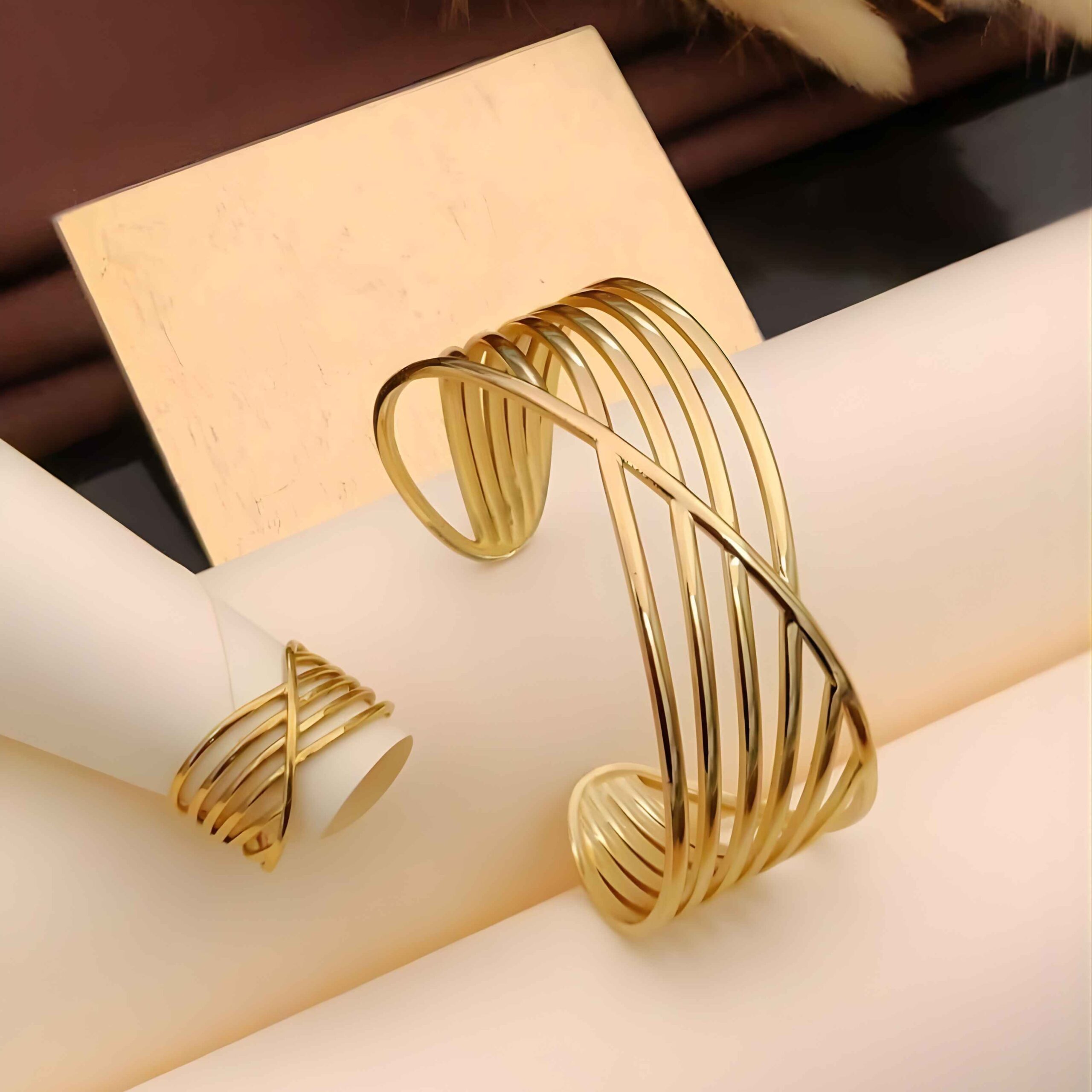 Sculptural Gold Multi-Strap Cuff Bracelet & Ring Combo
