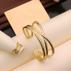 Gold Beaded and Smooth Strap Cuff Bracelet & Ring Combo