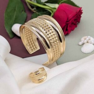 Gold Beaded Texture Cuff Bracelet & Ring Combo