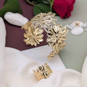 Sculptural Gold Petal Burst Cuff Bracelet & Ring Combo
