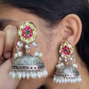 Dual-Tone Kundan Pearl Jhumki Earrings with Handcrafted Chitai Work