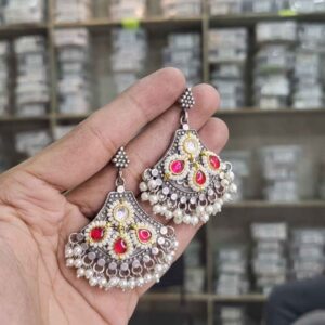 Oxidized Silver Replica Panchi Kundan Fan Dangle Earrings