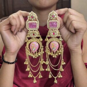Handmade Long Drop Panchi Kundan Meenakari Earrings
