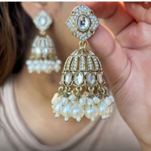 Antique Finish Polki Stone and Pearl Jhumki Earrings