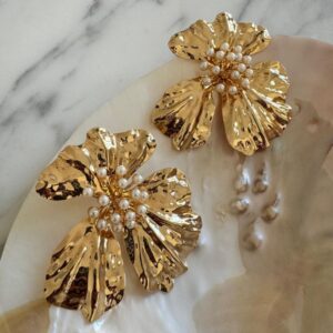 Oversized Crinkled Flower Studs with Pearls