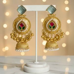 Golden Polish Traditional Jhumka Earrings with Stone Accents