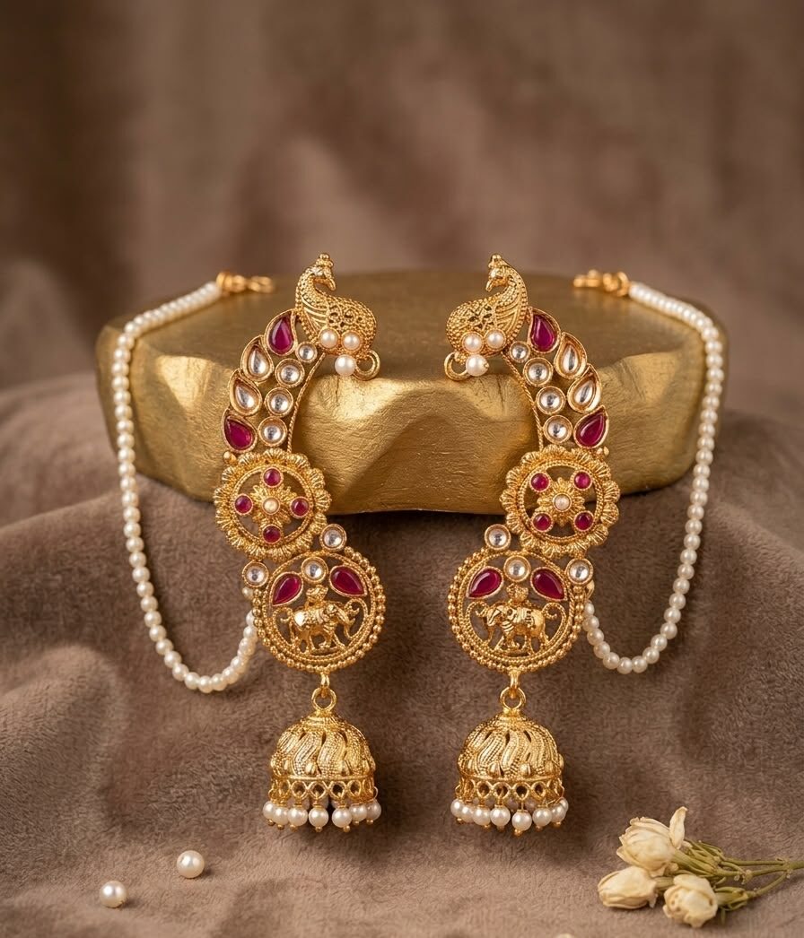 Gold Earcuffs with Red & Silver Stones