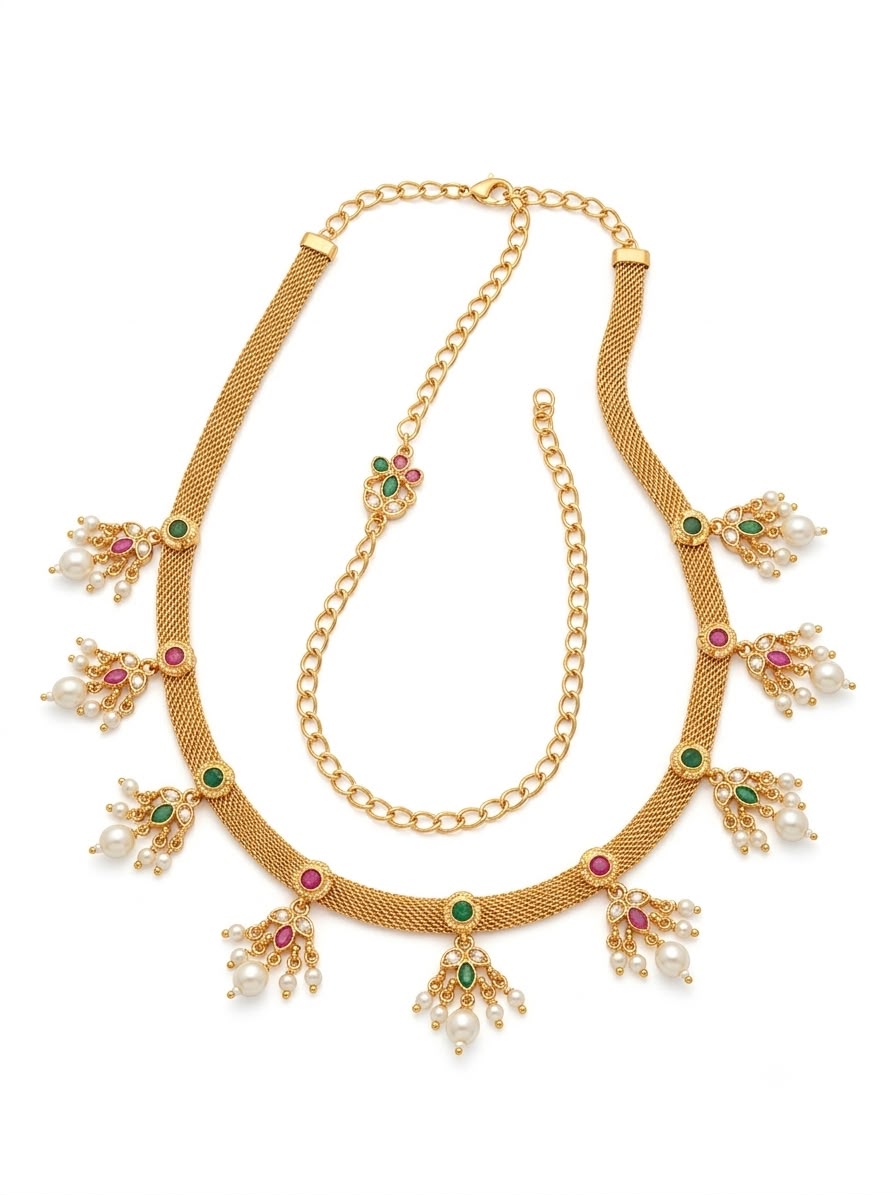 Golden Waist Chain with Green & Red Stones