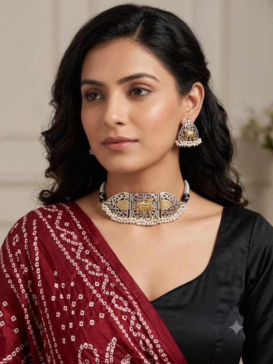 German Silver Brass Choker Necklace with Golden Pearl Studs - Image 4