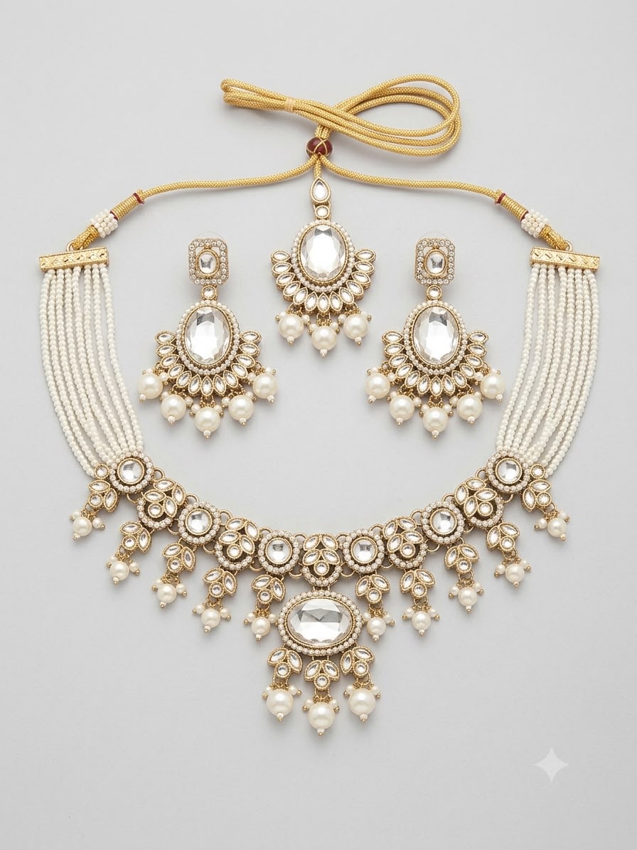 Moissanite Choker Necklace Set with Jhumka & Maang Tikka