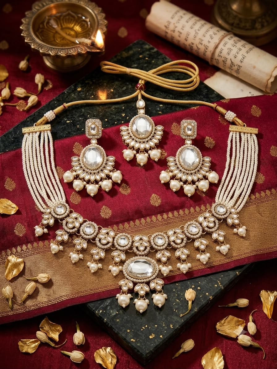 Moissanite Choker Necklace Set with Jhumka & Maang Tikka - Image 2